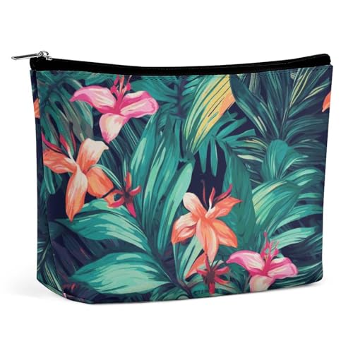 Reise-Make-up-Tasche, große Kapazität, Kosmetiktasche für Damen, wasserdicht, tragbar, Kosmetiktasche, Aufbewahrungstasche, tropische Blumenblätter, bedruckte Kulturbeutel, Tropische Blumenblätter von BWQMNT
