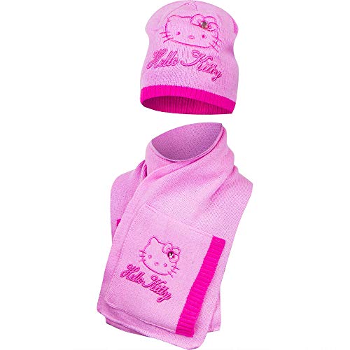 Hello Kitty Mädchen Strickmütze und Schal mit Taschen Rosa / Dunkelrosa von BWR