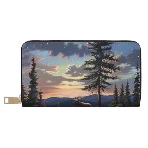 BWWHCCTI Elch Mountain Pine Tree Wilderness Printed Long Wallet for Women Men - PU Leather Wallets Card Holder with Zip Coin Pocket von BWWHCCTI