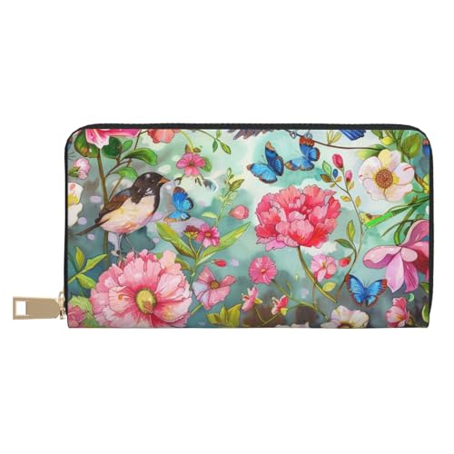 BWWHCCTI Garden with birds and flower Printed Long Wallet for Women Men - PU Leather Wallets Card Holder with Zip Coin Pocket von BWWHCCTI