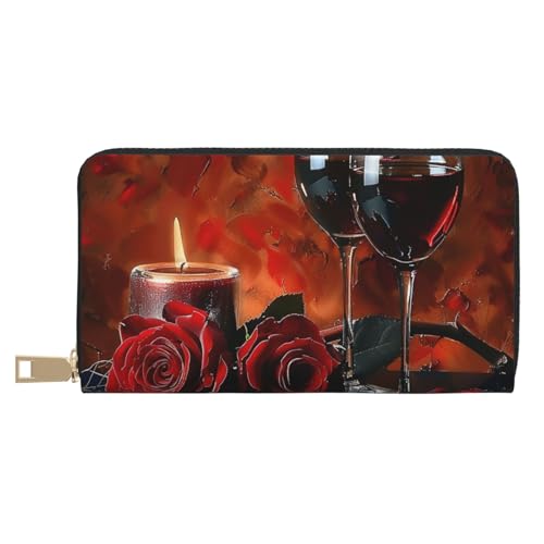 BWWHCCTI Rotwein Rose und Kerze gedruckt lange Geldbörse für Damen Herren - PU Leder Geldbörsen Kartenhalter mit Reißverschluss Münzfach von BWWHCCTI