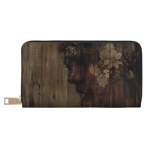 BWWHCCTI Wooden Board and Women Art Printed Long Wallet for Women Men - PU Leather Wallets Card Holder with Zip Coin Pocket von BWWHCCTI
