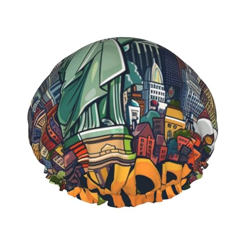 Cartoon Cute New York USA Thema Kunst Gedruckt Duschhaube Wiederverwendbare Badekappe Frauen Wasserdicht Doppellagige Badehaube, hält das Haar trocken, passend für alle Kopf von BWWHCCTI