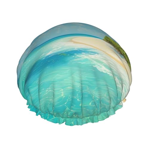 Island With Sandy Beach And Palm Tree Printed Shower Cap Reusable Bath Cap Women Waterproof Double Layer Bath Hair Caps, Keeps Hair Dry, Fits All Head von BWWHCCTI