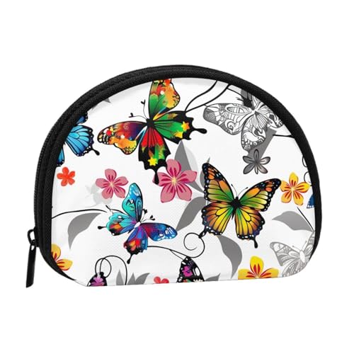 Niedliche Münzgeldbörse und Mini-Beutel, Kleingeldtasche, weißes Blumenmuster, bunte Schmetterlinge, Kunstdruck, kleine modische Geldtasche, Reißverschluss, Münztasche für Damen, schwarz von BWWHCCTI
