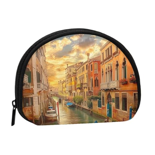 Niedliche Münzgeldbörse und Mini-Beutel, schöne Venedig-Kanalansicht bedruckt, kleine modische Geldtasche, Reißverschluss, Münztasche für Damen, schwarz, Einheitsgröße, halbrund, Schwarz von BWWHCCTI