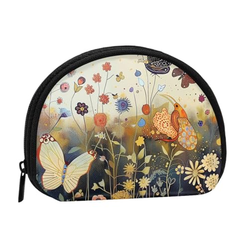 Niedliche Münzgeldbörse und Mini-Tasche, Kleingeldbörse, Henne fliegende Schmetterlinge unter Blumen, bedruckt, kleine modische Geldtasche, Reißverschluss, Münztasche für Damen, schwarz, Einheitsgröße von BWWHCCTI