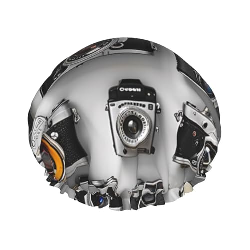 Retro Cool Camera Collection Bedruckte Duschhaube Wiederverwendbare Badekappe Frauen Wasserdicht Doppellagige Badehaube, hält das Haar trocken, passt auf alle Kopf von BWWHCCTI