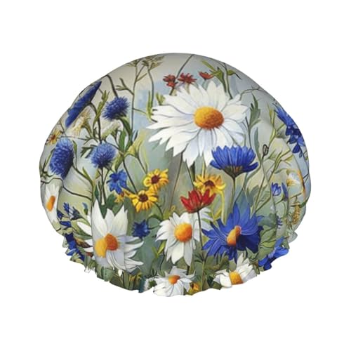Wilde Blumen und Kornblumen Gänseblümchen Kunst bedruckte Duschhaube wiederverwendbare Badekappe Frauen wasserdichte doppellagige Badehaube, hält das Haar trocken, passend für alle Köpfe von BWWHCCTI