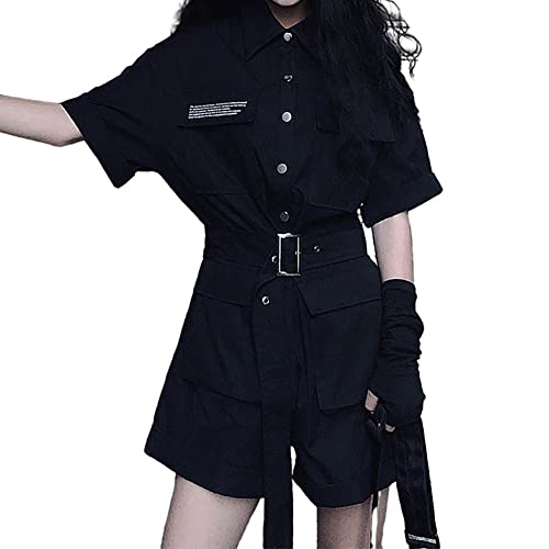 BXCNCKD Harajuku Arbeitskleidung Overall Sommer Damen Schwarz Slim Hohe Taille Jumpsuit Kurzarm Even Gothic Damen Kleidung (S, Schwarz) von BXCNCKD