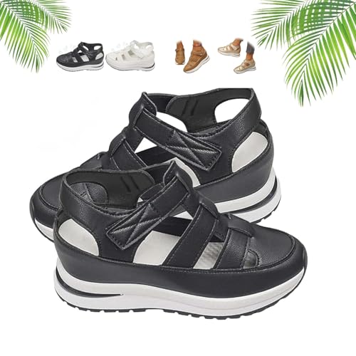 BXCZEDW Damen-Sandalen, atmungsaktiv, Plateau-Keilsandalen, Sneaker, stilvoll, lässig, geschlossener Zehenbereich, verstellbarer Riemen, Schwarz , 35 EU von BXCZEDW