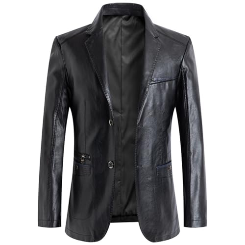 BXCZEDW Herren-Lederblazer, lässiger Revers, normale Passform, 2-Knopf-Jacke, Blazer mit Taschen, Schwarz , XXL von BXCZEDW