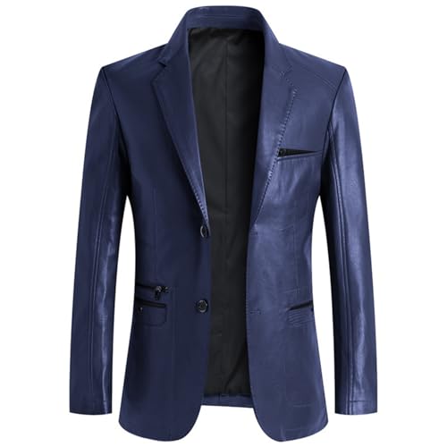 BXCZEDW Herren-Lederblazer, lässiger Revers, normale Passform, 2-Knopf-Jacke, Blazer mit Taschen, marineblau, L von BXCZEDW