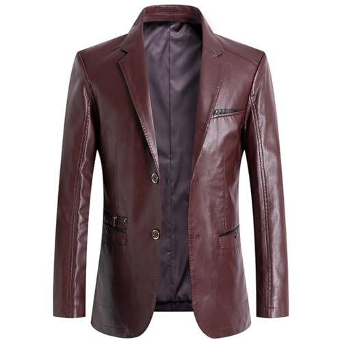BXCZEDW Herren-Lederblazer, lässiger Revers, normale Passform, 2-Knopf-Jacke, Blazer mit Taschen, weinrot, M von BXCZEDW