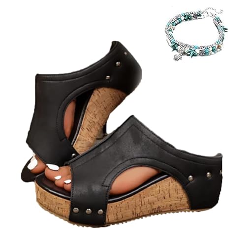 BXCZEDW Kork Wedges & Platform Slides, Damen Bequeme Keilabsatz Orthopädische Sandalen Sommer Plateau Kork Wedges Slip On Slides, Schwarz , 40 EU von BXCZEDW