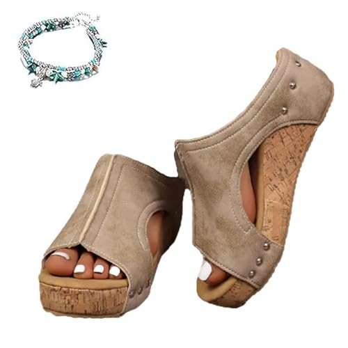 BXCZEDW Kork Wedges & Platform Slides, Damen Bequeme Keilabsatz Orthopädische Sandalen Sommer Plateau Kork Wedges Slip On Slides, beige, 40 EU von BXCZEDW
