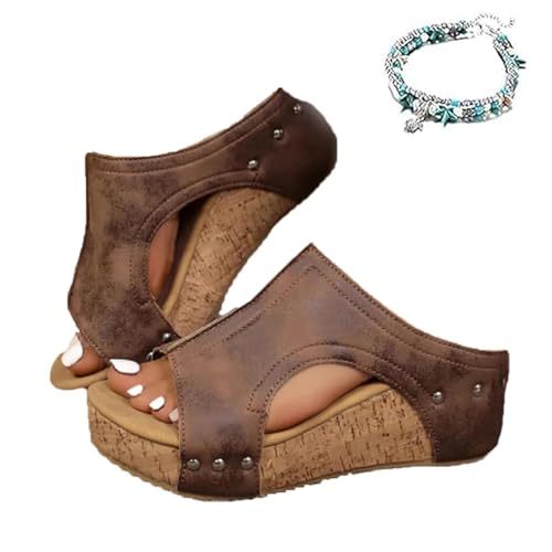 BXCZEDW Kork Wedges & Platform Slides, Damen Bequeme Keilabsatz Orthopädische Sandalen Sommer Plateau Kork Wedges Slip On Slides, braun, 40 EU von BXCZEDW