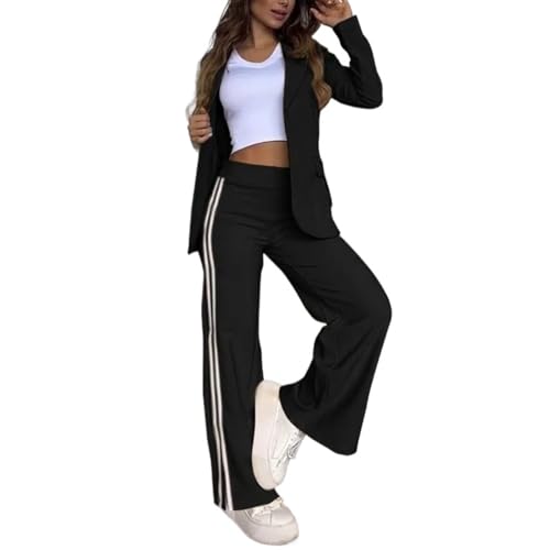 Commuter Chic Set Damen Casual Revers Blazer Jacken Weites Bein Hose Zweiteiliger Anzug Business Casual Büro, Schwarz , XL von BXCZEDW