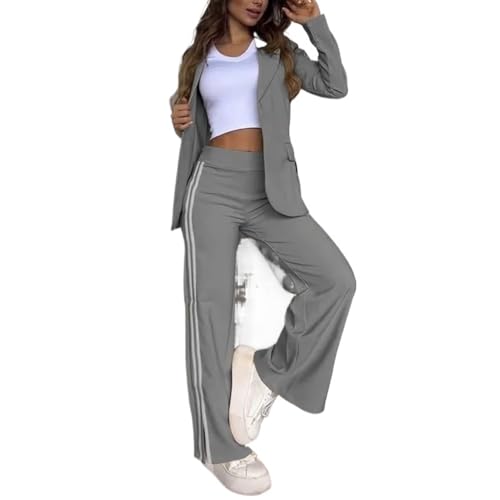 Commuter Chic Set Damen Casual Revers Blazer Jacken Weites Bein Hose Zweiteiliger Anzug Business Casual Büro, grau, M von BXCZEDW