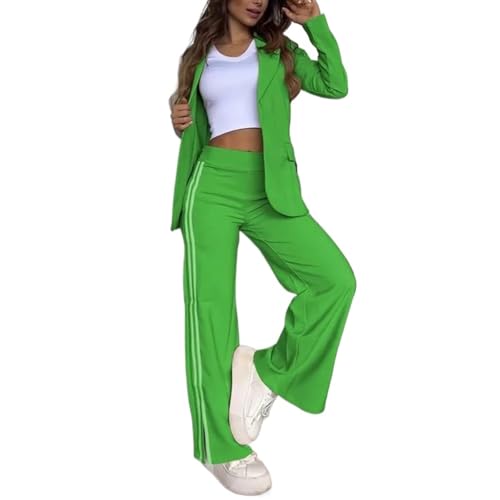 Commuter Chic Set Damen Casual Revers Blazer Jacken Weites Bein Hose Zweiteiliger Anzug Business Casual Büro, grün, XL von BXCZEDW