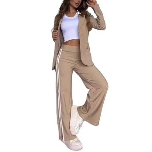 Commuter Chic Set Damen Casual Revers Blazer Jacken Weites Bein Hose Zweiteiliger Anzug Business Casual Büro, khaki, L von BXCZEDW