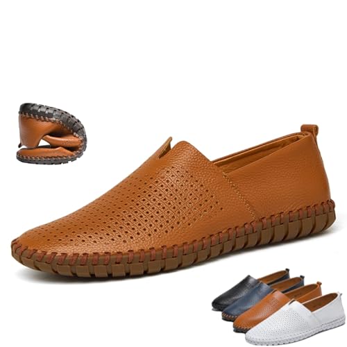 Handgefertigte Herren-Slipper aus echtem Leder, lässige Mokassins, Schlupfschuhe, atmungsaktiv, leicht, weich, Brown2, 40 EU Handgefertigte Herren-Slipper aus echtem Leder, lässige Mokassins, Schlupfschuhe, atmungsaktiv, leicht, weich, Brown2, 40 EU von BXCZEDW