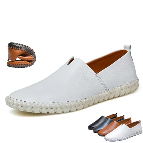 Handgefertigte Herren-Slipper aus echtem Leder, lässige Mokassins, Schlupfschuhe, atmungsaktiv, leicht, weich, weiß1, 40 EU von BXCZEDW