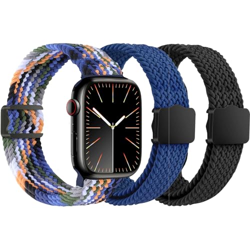 Geflochtenes Solo-Loop-Armband, kompatibel mit Apple Watch für Kinder, 38 mm, 40 mm, 41 mm, 42 mm, 44 mm, 45 mm, 49 mm, weich, dehnbar, elastische Bänder mit verstellbarem Magnetverschluss, für iWatch von BXKM