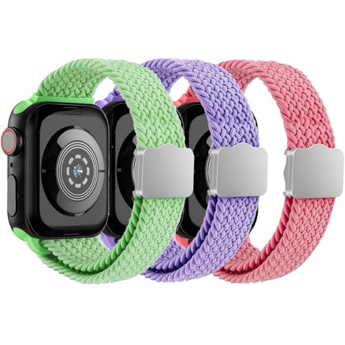 Geflochtenes Solo-Loop-Armband, kompatibel mit Apple Watch für Kinder, 38 mm, 40 mm, 41 mm, 42 mm, 44 mm, 45 mm, 49 mm, weich, dehnbar, elastische Bänder mit verstellbarem Magnetverschluss, für iWatch von BXKM