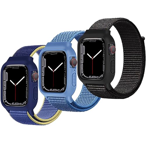 Nylon-Armbänder mit Hülle, kompatibel mit Apple Watch für Kinder, 38 mm, 40 mm, 41 mm und 42 mm, 44 mm, 45 mm, weiche TPU-Hülle mit atmungsaktivem Klettverschluss für iWatch Serie von BXKM