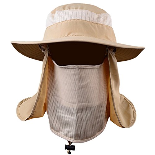 Outdoor Herren Sonnenhut Camping Fischerhut Jagd Vollständig Sonnenschutz Hut Mütze mit Abnehmbare Mesh Maske Mund Hals Schutz Sommer Strand Trekking Hut Anti-UV UPF 50 +, Khaki, one size von BXT