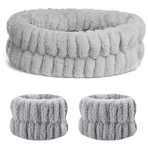 3-teiliges graues Spa-Stirnband-Set, weiches Make-up-Stirnband, elastisches Hautpflege-Stirnband, Yoga, Sport, Dusche, Gesicht, flauschiges Stirnband, Handgelenk-Waschband, Make-up-Haarband für von BXVXWKJXKR