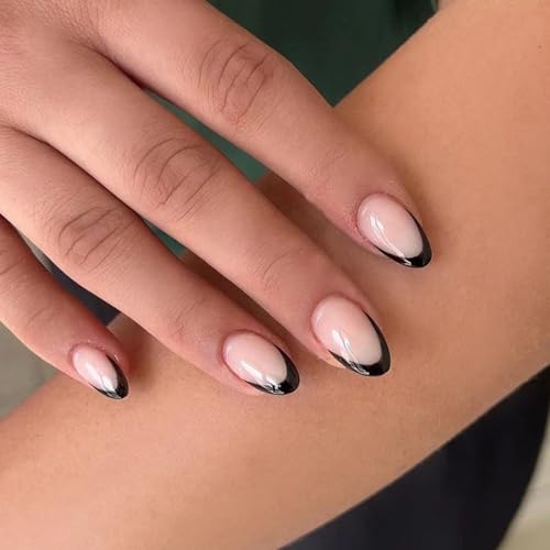 French Tip Falsche Nägel - 24 Stück Schwarz French False Nails - Mandel - Oval Fake Nails mit Kleber - Nude French Tip - Full Cover Acryl Nägel für Frauen in 12 Größen French Tip Falsche Nägel - 24 Stück Schwarz French False Nails - Mandel - Oval Fake Nails mit Kleber - Nude French Tip - Full Cover Acryl Nägel für Frauen in 12 Größen von BXVXWKJXKR