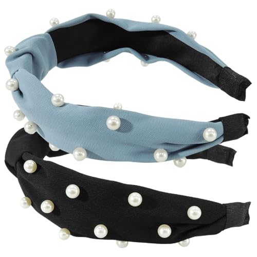 Haarbänder, 2 Stück, geknotetes Stirnband, Stickerei, Stoff, Stirnbänder, Retro-Haarband, elastisches Blumen-Stirnband, Turban, Haarschmuck für Damen und Mädchen (Beige + Hellblau) - 14716 von BXVXWKJXKR