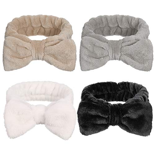 Haarbänder mit Schleife, Korallen-Fleece, Make-up-Stirnband, elastisches Kopfwickel zum Waschen von Gesicht, Dusche, Yoga, Sport, Hautpflege (Schwarz, Weiß, Grau, Khaki), 4 Stück von BXVXWKJXKR