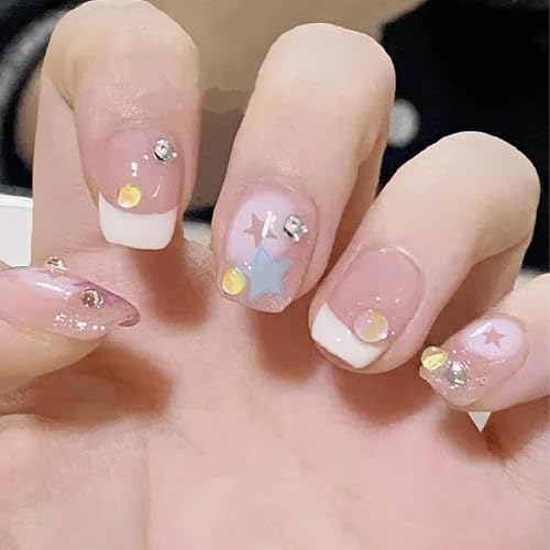 Künstliche Nägel mit Kleber, französische kurze quadratische rosa künstliche Nägel, niedliches Sternblasenperlen-Design, künstliche Nägel für Frauen (24 Stück) von BXVXWKJXKR