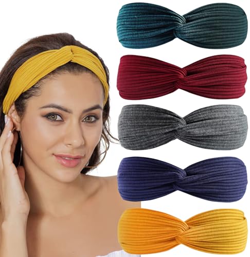 Stirnband 5 Stück Stirnbänder für Frauen Stoff Haarband Elastische Kopfwickel Breite Haarbänder Niedlicher Knoten Stirnband Outdoor Haarschmuck für Mädchen - 13418 von BXVXWKJXKR