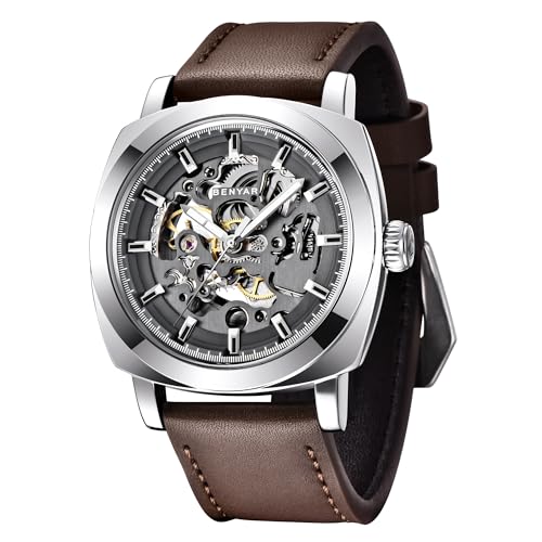 BENYAR - Uhren Herren Uhr Automatik Mechanische Armbanduhr | Lederband | Goldene Bewegung | 45 mm Skeleton Dial | Wasser- und Kratzfest | Elegantes Geschenk für männer von BY BENYAR