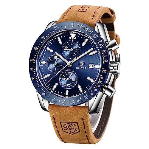 BY BENYAR Herren Business Analoger Chronograph Quarzuhr 30M Wasserdicht Leuchtende Datumsanzeige Modische Freizeituhr Sport Multifunktions Lederuhr.（Silber Blau） von BY BENYAR