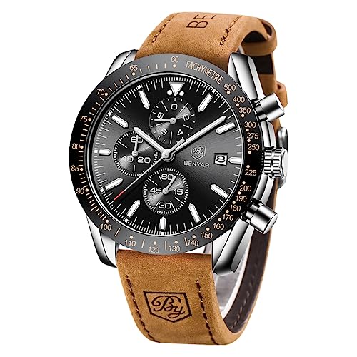 BY BENYAR Herren Business Analoger Chronograph Quarzuhr 30M Wasserdicht Leuchtende Datumsanzeige Modische Freizeituhr Sport Multifunktions Lederuhr.（Silber Schwarz） von BY BENYAR