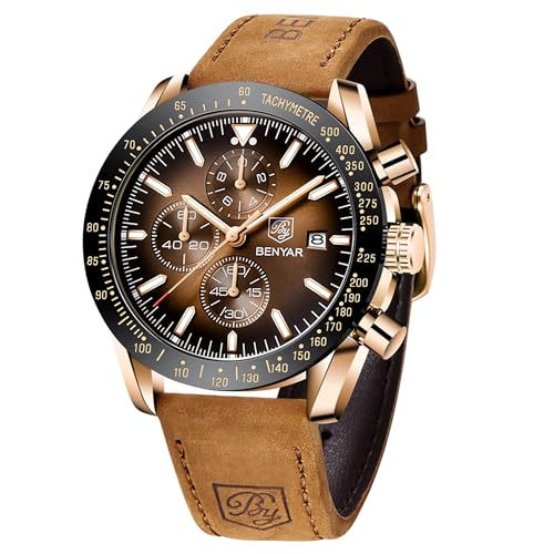 by BENYAR Uhren Herren Analog Quarz Chronograph Herrenuhren Wasserdicht Leuchtende Datum Braun Lederband Armbanduhr Lässig Business-Kleid Uhren fur Männer Klassische Elegantes Geschenk von BY BENYAR