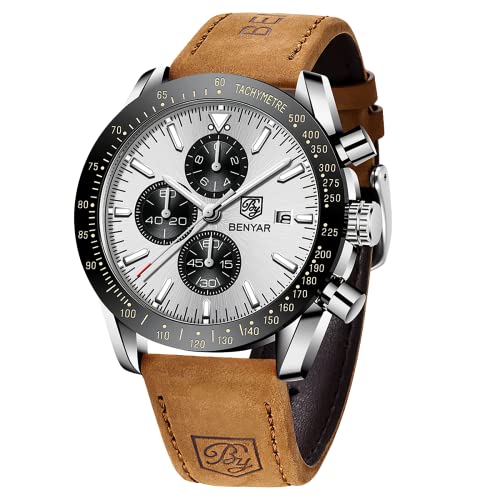 by BENYAR Uhren Herren Analog Quarz Chronograph Herrenuhren Wasserdicht Leuchtende Datum Braun Lederband Armbanduhr Lässig Business-Kleid Uhren fur Männer Klassische Elegantes Geschenk von BY BENYAR