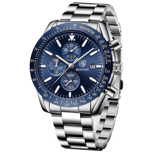 by BENYAR Uhren Herren Chronograph Analog Wasserdicht Armbanduhr Herren Edelstahl Großes Ziffernblatt Leuchtende Datum Herrenuhren Lässig Business-Kleid Uhren fur Männer Klassische Elegantes Geschen von BY BENYAR