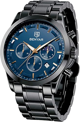 BENYAR Herren Uhr Chronograph Analogue Quartz Uhr Männer Schwarz Zifferblatt Business Military Sport Armbanduhr mit Leder Armband 30m Wasserdicht Elegant Geschenk für männer von BY BENYAR