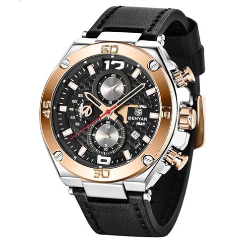 BENYAR Herrenuhr Chronograph Quarzwerk Wasserdicht Armbanduhren für Männer mit Lederband Mode Stil Business Geschenk von BY BENYAR