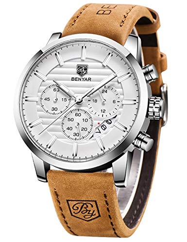 BY BENYAR Herrenuhr Mode Quarzwerk Armbanduhr Analog Chronograph Business Wasserdicht und Kratzfest Edelstahlarmband Freizeit Sportuhren für Herren（braun Silber weiß） von BY BENYAR