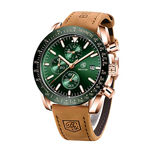 BENYAR Herrenuhr Quarz Sport Chronograph Mode Marken Business Uhr Herren Braun Lederuhr Wasserdicht Kratzfest Analog Automatik Datum Elegantes Geschenk Armbanduhr（golden grün） von BY BENYAR