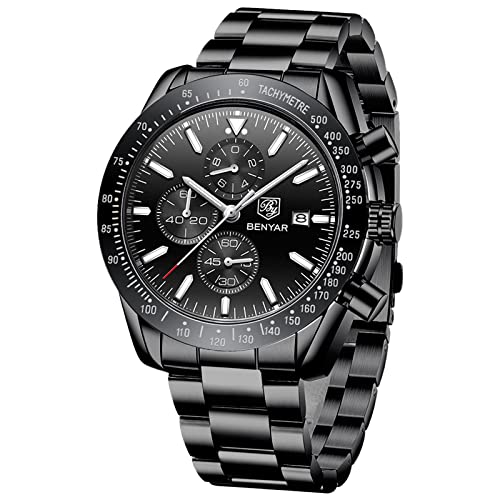 BENYAR Uhren Herren Chronograph Analog Quarz Armbanduhr Herren Wasserdicht Leuchtende Datum Edelstahl Armband Herrenuhr Mode Lässig Sport Business-Kleid Uhren fur Männer Elegantes Geschenk von BY BENYAR