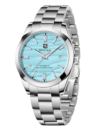 BENYAR Mechanische Herrenuhr Automatisches Uhrwerk 50M Wasserdicht Leuchtendes Datumsdisplay Einfach ablesbar Casual Business Edelstahl Herrenuhr（Blau） von BY BENYAR