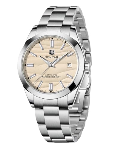 BENYAR Mechanische Herrenuhr Automatisches Uhrwerk 50M Wasserdicht Leuchtendes Datumsdisplay Einfach ablesbar Casual Business Edelstahl Herrenuhr（Gelb） von BY BENYAR